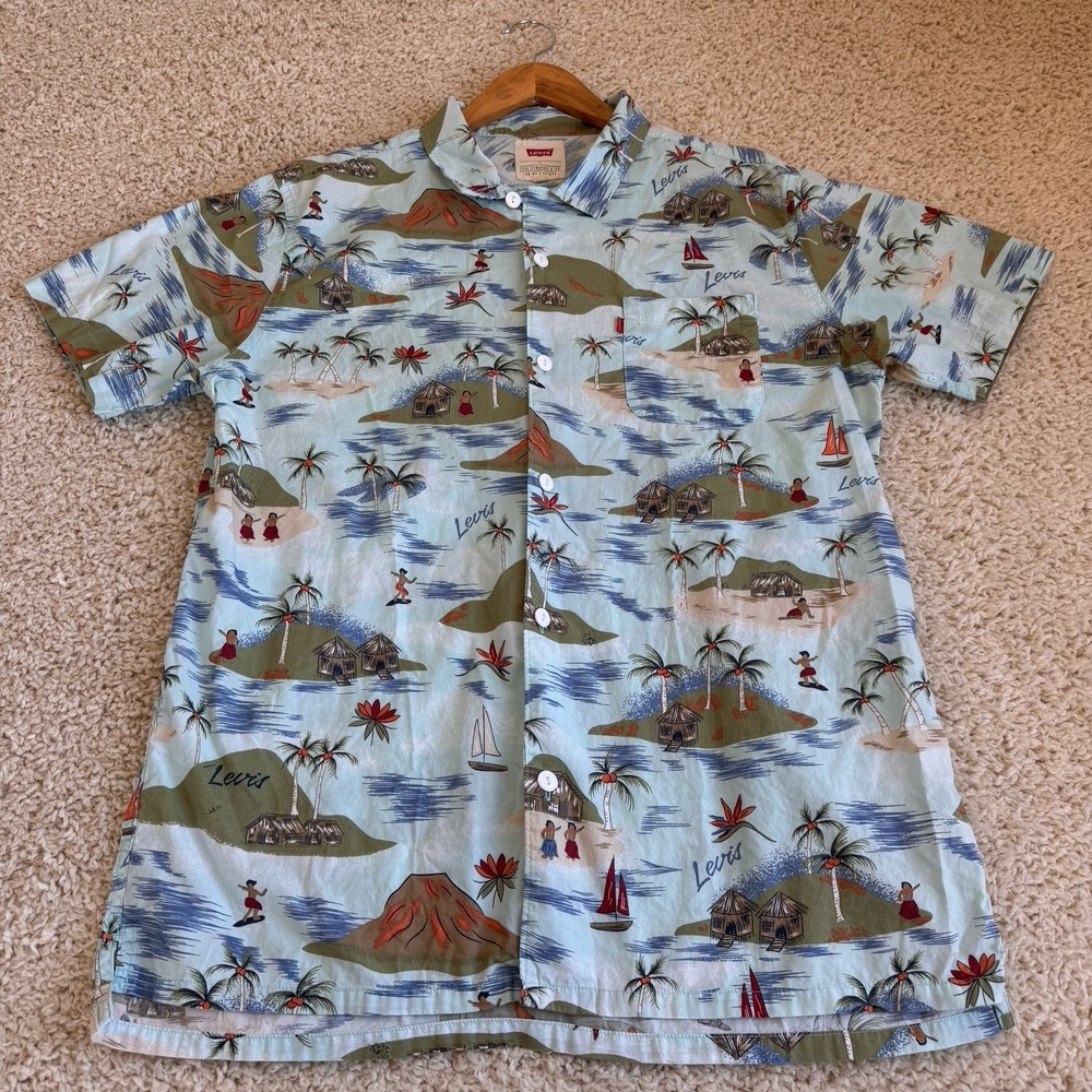 Levi's Button Down Shirt Mens Large Light Blue Excellent Tropical Island Print